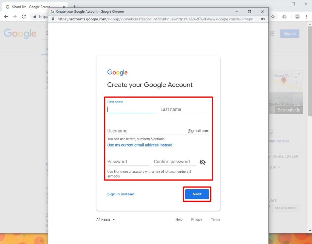 Google account creation