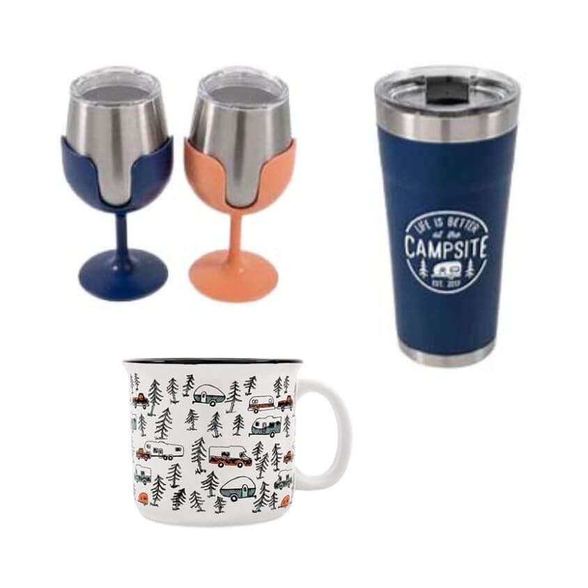 Assorted cups tumblers wine tumblers and travel mugs